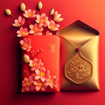 Red envelopes with gold ingots, oranges, and Chinese blossom flowers for a festive Chinese New Year. Displayed on a red background for luck and prosperity in the new year. 3D illustration