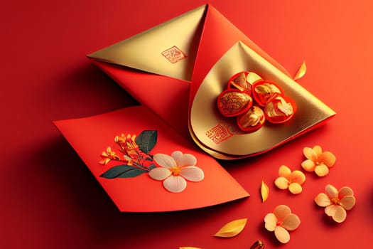 Red envelopes with gold ingots, oranges, and Chinese blossom flowers for a festive Chinese New Year. Displayed on a red background for luck and prosperity in the new year. 3D illustration