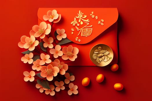 Red envelopes with gold ingots, oranges, and Chinese blossom flowers for a festive Chinese New Year. Displayed on a red background for luck and prosperity in the new year. 3D illustration