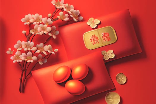 Red envelopes with gold ingots, oranges, and Chinese blossom flowers for a festive Chinese New Year. Displayed on a red background for luck and prosperity in the new year. 3D illustration