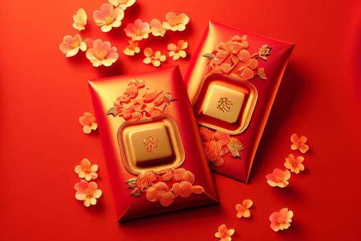 Red envelopes with gold ingots, oranges, and Chinese blossom flowers for a festive Chinese New Year. Displayed on a red background for luck and prosperity in the new year. 3D illustration