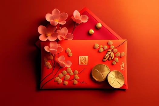 Red envelopes with gold ingots, oranges, and Chinese blossom flowers for a festive Chinese New Year. Displayed on a red background for luck and prosperity in the new year. 3D illustration
