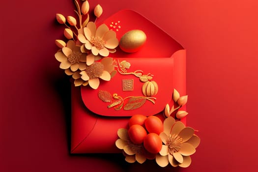 Red envelopes with gold ingots, oranges, and Chinese blossom flowers for a festive Chinese New Year. Displayed on a red background for luck and prosperity in the new year. 3D illustration