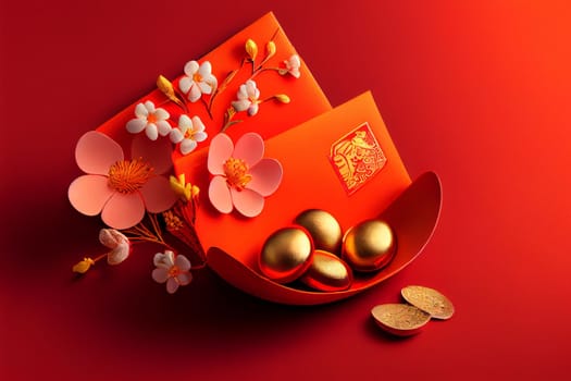 Red envelopes with gold ingots, oranges, and Chinese blossom flowers for a festive Chinese New Year. Displayed on a red background for luck and prosperity in the new year. 3D illustration