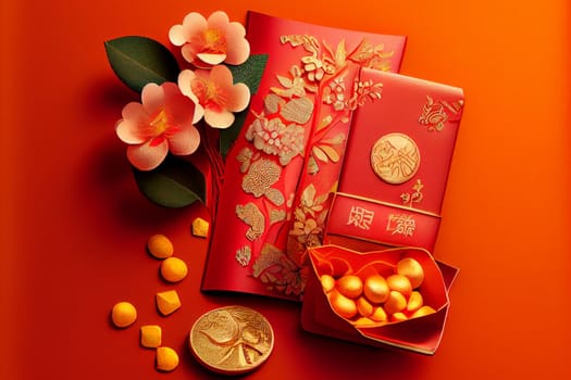Red envelopes with gold ingots, oranges, and Chinese blossom flowers for a festive Chinese New Year. Displayed on a red background for luck and prosperity in the new year. 3D illustration