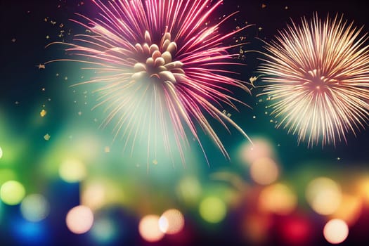 Beautiful fireworks in the new year festival background with free space for text. Abstract colored holiday background.