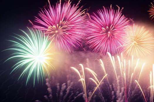 Beautiful fireworks in the new year festival background with free space for text. Abstract colored holiday background.