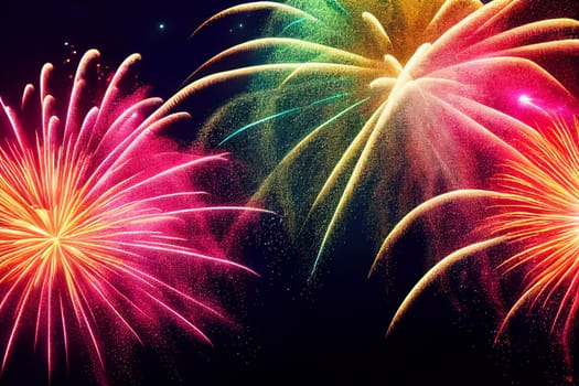Beautiful fireworks in the new year festival background with free space for text. Abstract colored holiday background.