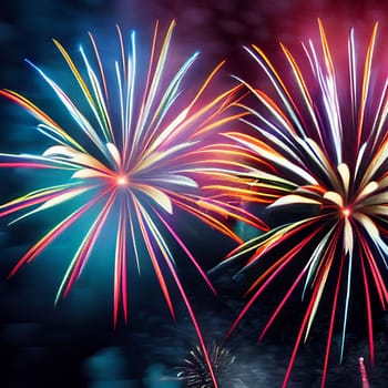 Beautiful fireworks in the new year festival background with free space for text. Abstract colored holiday background.