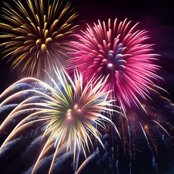 Beautiful fireworks in the new year festival background with free space for text. Abstract colored holiday background.