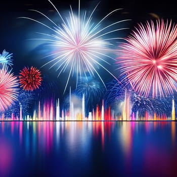 Beautiful fireworks in the new year festival background with free space for text. Abstract colored holiday background.