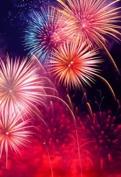 Beautiful fireworks in the new year festival background with free space for text. Abstract colored holiday background.