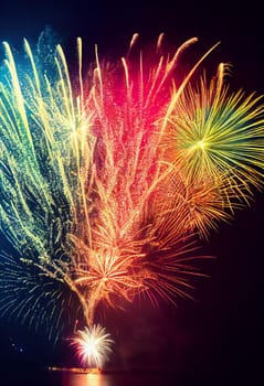 Beautiful fireworks in the new year festival background with free space for text. Abstract colored holiday background.