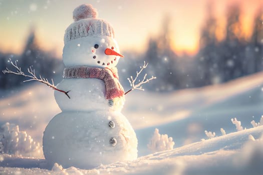 Snowman standing in Winter Christmas landscape. Snow background with free space for text.