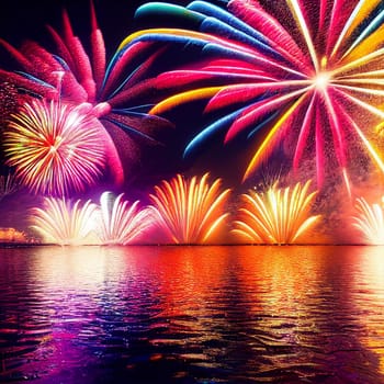 Beautiful fireworks in the new year festival background with free space for text. Abstract colored holiday background.