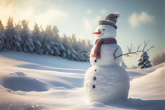 Snowman standing in Winter Christmas landscape. Snow background with free space for text.