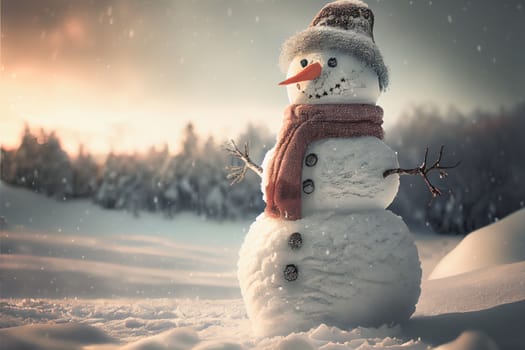 Snowman standing in Winter Christmas landscape. Snow background with free space for text.