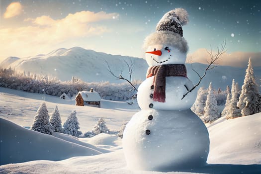 Snowman standing in Winter Christmas landscape. Snow background with free space for text.