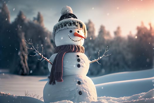 Snowman standing in Winter Christmas landscape. Snow background with free space for text.