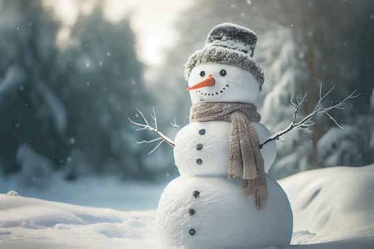 Snowman standing in Winter Christmas landscape. Snow background with free space for text.