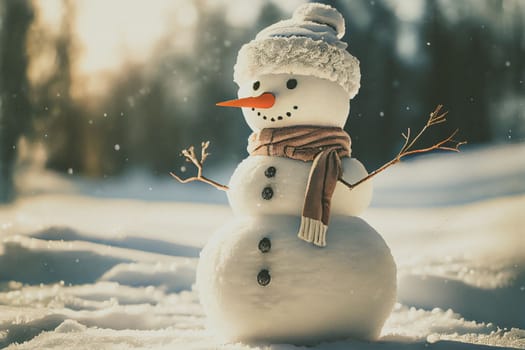 Snowman standing in Winter Christmas landscape. Snow background with free space for text.