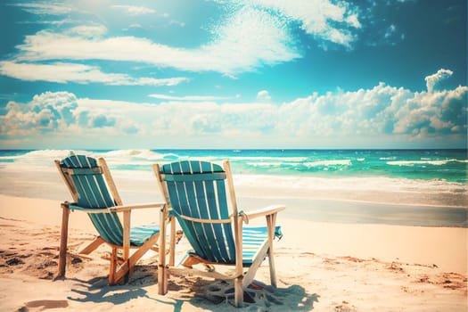 Beach loungers near the sea. Summer vacation concept, Summer holiday vacation tourism banner.