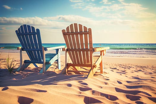 Beach loungers near the sea. Summer vacation concept, Summer holiday vacation tourism banner.
