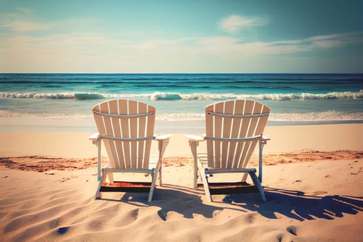 Beach loungers near the sea. Summer vacation concept, Summer holiday vacation tourism banner.