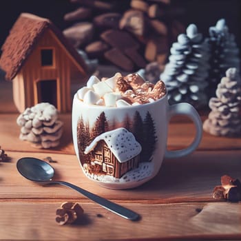 Cozy up with a warm mug of hot cocoa and marshmallows on a wintery wooden table surrounded by festive holiday decor. The perfect setting for a relaxing New Year's celebration.