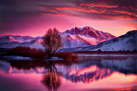 Sunrise over snowy mountain peaks with vibrant orange, pink, and purple skies. Tranquil lake in foreground with lone tree reaching towards the sky.
