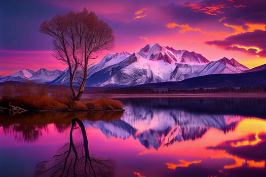 Sunrise over snowy mountain peaks with vibrant orange, pink, and purple skies. Tranquil lake in foreground with lone tree reaching towards the sky.