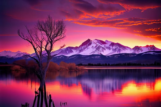 Sunrise over snowy mountain peaks with vibrant orange, pink, and purple skies. Tranquil lake in foreground with lone tree reaching towards the sky.