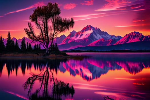 Sunrise over snowy mountain peaks with vibrant orange, pink, and purple skies. Tranquil lake in foreground with lone tree reaching towards the sky.