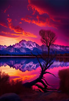 Sunrise over snowy mountain peaks with vibrant orange, pink, and purple skies. Tranquil lake in foreground with lone tree reaching towards the sky.