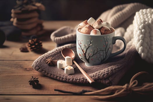 Cozy up with a warm mug of hot cocoa and marshmallows on a wintery wooden table surrounded by festive holiday decor. The perfect setting for a relaxing New Year's celebration.