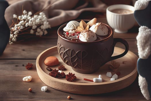 Cozy up with a warm mug of hot cocoa and marshmallows on a wintery wooden table surrounded by festive holiday decor. The perfect setting for a relaxing New Year's celebration.