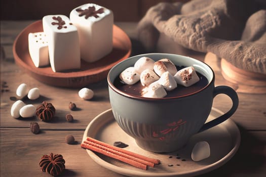 Cozy up with a warm mug of hot cocoa and marshmallows on a wintery wooden table surrounded by festive holiday decor. The perfect setting for a relaxing New Year's celebration.