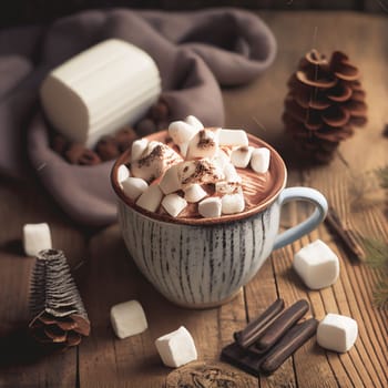 Cozy up with a warm mug of hot cocoa and marshmallows on a wintery wooden table surrounded by festive holiday decor. The perfect setting for a relaxing New Year's celebration.