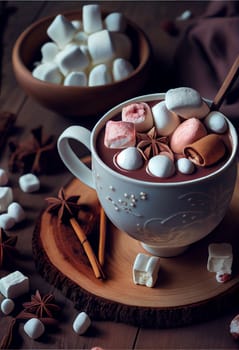 Cozy up with a warm mug of hot cocoa and marshmallows on a wintery wooden table surrounded by festive holiday decor. The perfect setting for a relaxing New Year's celebration.