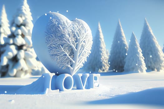 Huge ice heart with the word LOVE and Christmas tree. Perfect card for Valentine's Day or Christmas. Winter wonderland with beautiful snow-covered scene. 3D illustration