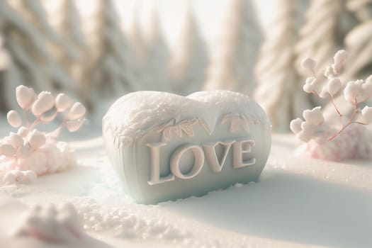 Huge ice heart with the word LOVE and Christmas tree. Perfect card for Valentine's Day or Christmas. Winter wonderland with beautiful snow-covered scene. 3D illustration