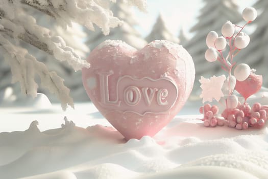 Huge ice heart with the word LOVE and Christmas tree. Perfect card for Valentine's Day or Christmas. Winter wonderland with beautiful snow-covered scene. 3D illustration