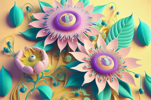 Cute kawaii pastel passiflora flowers with 3D detailing on a pastel background for a peaceful vibe. Soft pastel colors bring a soothing, gentle aesthetic.