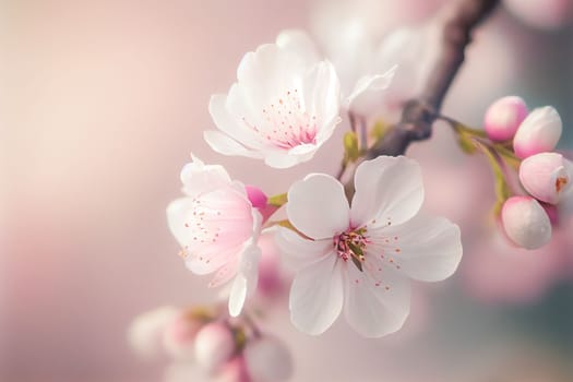 Spring cherry blossom stands out against pastel pink and white background. Shallow depth of field creates dreamy, blurry effect. Vibrant flowers against muted tones make for beautiful, romantic image.