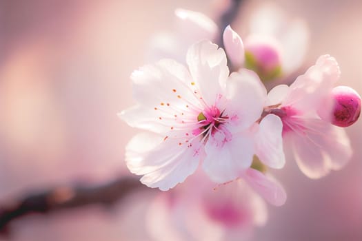 Spring cherry blossom stands out against pastel pink and white background. Shallow depth of field creates dreamy, blurry effect. Vibrant flowers against muted tones make for beautiful, romantic image.