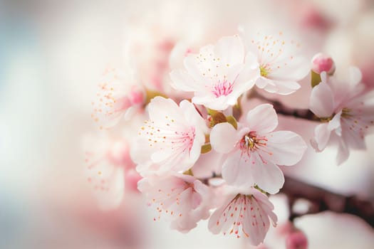 Spring cherry blossom stands out against pastel pink and white background. Shallow depth of field creates dreamy, blurry effect. Vibrant flowers against muted tones make for beautiful, romantic image.