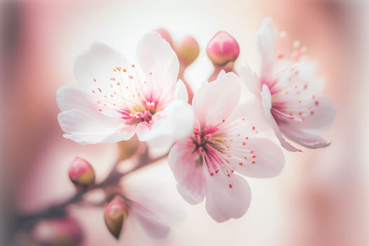 Spring cherry blossom stands out against pastel pink and white background. Shallow depth of field creates dreamy, blurry effect. Vibrant flowers against muted tones make for beautiful, romantic image.