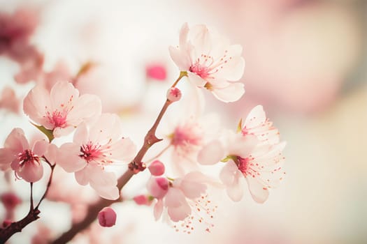 Spring cherry blossom stands out against pastel pink and white background. Shallow depth of field creates dreamy, blurry effect. Vibrant flowers against muted tones make for beautiful, romantic image.