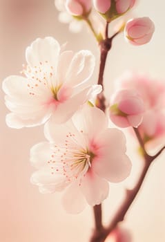 Spring cherry blossom stands out against pastel pink and white background. Shallow depth of field creates dreamy, blurry effect. Vibrant flowers against muted tones make for beautiful, romantic image.