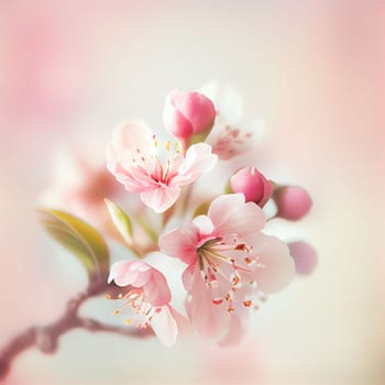 Spring cherry blossom stands out against pastel pink and white background. Shallow depth of field creates dreamy, blurry effect. Vibrant flowers against muted tones make for beautiful, romantic image.